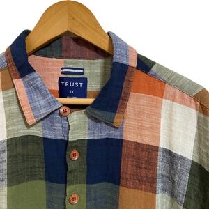 Trust Men's Plaid Linen Blend Short Sleeve Button Up Shirt Multicolor Earthy 3XL
